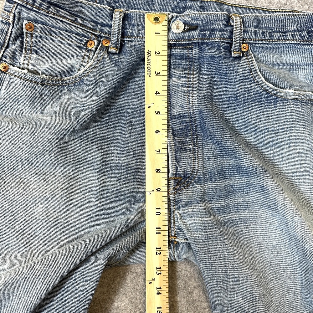 Levis 501 Jeans Mens 36x30 Light Blue Denim Straight Leg Button Fly Distressed - Picture 8 of 11